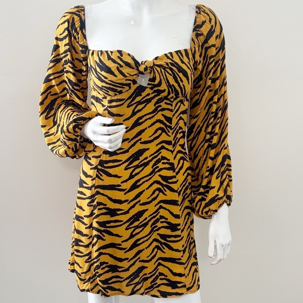 Reformation Roshay Black & m Gold Animal Print Long Sleeve Mini Dress in Tigress